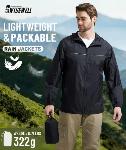 Vista 7 de SWISSWELL Mens Rain Jacket & Coats Packable Lightweight Waterproof Hooded 017-negro
