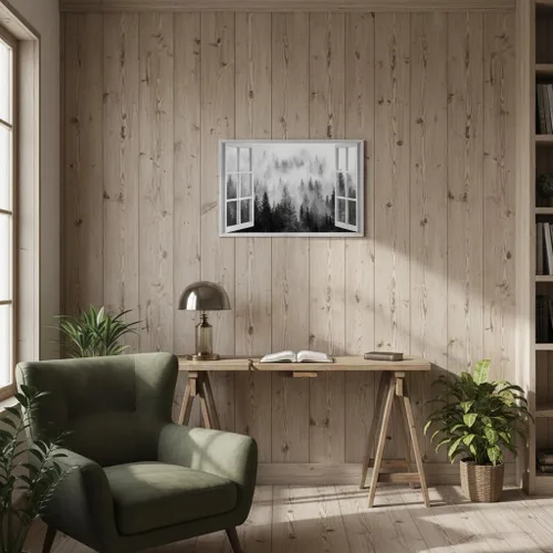 Vista 4 de Arte de pared de ventana de pino: sala de estar, dormitorio, vista de bosque brumoso, pintura, impresión de paisaje brumoso, lienzo, baño, moderno