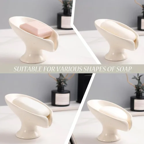 Vista 8 de Jabonera, Jabonera Autodrenante para Barra de Jabón para Fregadero de Baño, Jabonera de Cerámica con Forma de Hoja y Drenaje, Jabonera de Porcelana