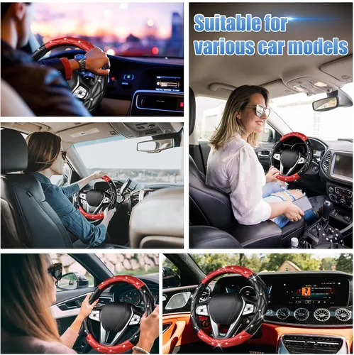 Vista 8 de SuperKaKa Funda para volante negra y roja, accesorios de interior de automóvil de estilo diamante con brillo lindo y cómodo, protector brillante que