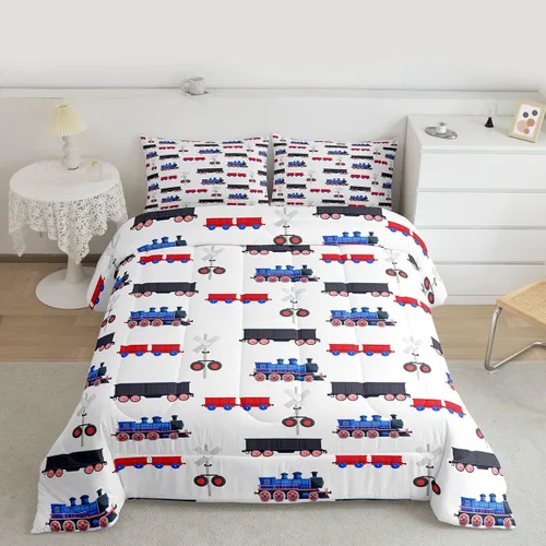 Vista 5 de Erosebridal Juego de ropa de cama de tren de dibujos animados para niños y niños, edredón de plumón de vehículos para niños, decoración