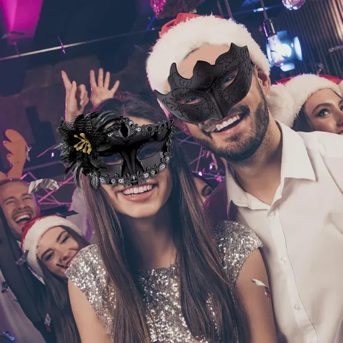 Vista 7 de SIQUK Juego de máscaras para parejas, máscara veneciana, máscara de plástico para disfraz de Halloween, máscara de Mardi Gras para mujeres y hombres