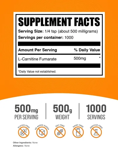 Vista 2 de BulkSupplements. com L-carnitina fumarato en polvo – suplemento de carnitina, nutrición deportiva, L-carnitina 500 mg – Sin gluten, 500 mg por