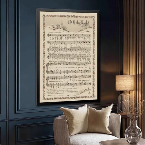 Vista 2 de YFET Póster de música y poesía con texto en inglés "O Holy Night", decoración navideña de Navidad, decoración de pared de bosque, decoración rústica