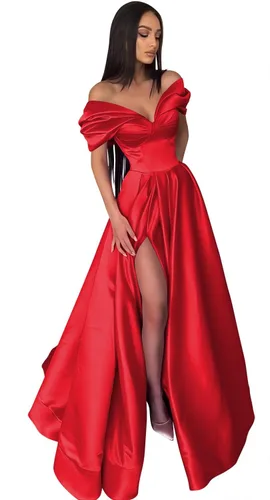 Vista 4 de Miao Duo Vestidos de fiesta de novia con hombros descubiertos para mujer, largos con bolsillos, plisados, vestidos de noche formales de satén