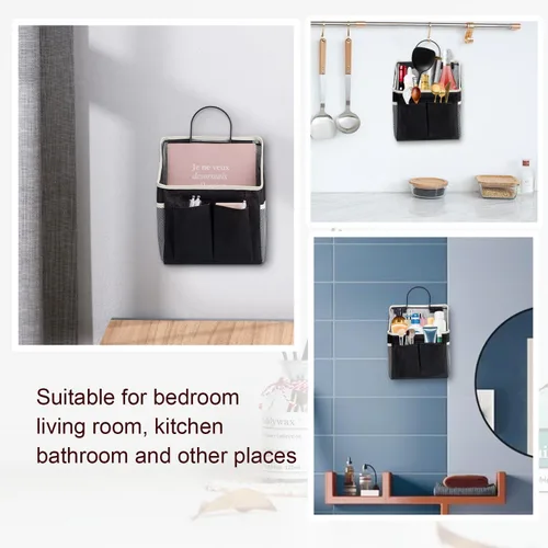 Vista 3 de LYroo Paquete de 2 cestas organizadoras negras para colgar en la pared con bolsillos para baño, dormitorio, cocina, dormitorio, artículos esenciales