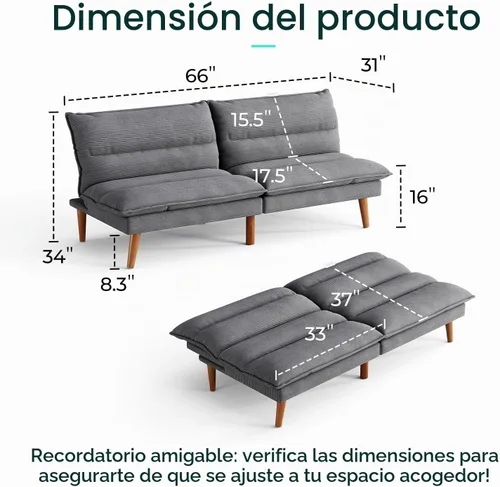 Vista 2 de LINSY HOME Sofá cama futón de 71 pulgadas, sofá futón de pana con respaldo ajustable de 3 posiciones, sofá cama convertible de dos plazas, sofás