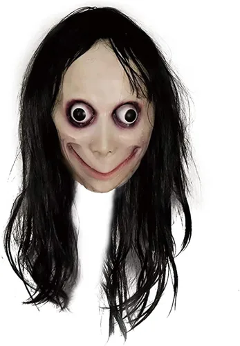 Vista 8 de Máscara MOMO espeluznante de Halloween, hecha a mano de látex aterrador, máscara de goma para fiesta de cosplay