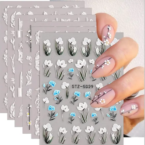 Vista 12 de 20 hojas de calcomanías de uñas 3D, diseño de oro/diamante, lujosas calcomanías de uñas autoadhesivas con relieve, calcomanías de uñas de flores