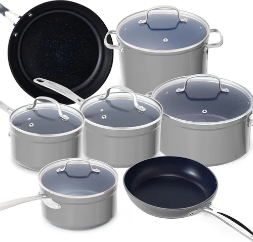 Vista 18 de Nuwave - Juego de 12 utensilios de cocina forjados y ligeros, revestimiento ultra antiadherente de cerámica Duralon G10 saludable, tapas de vidrio