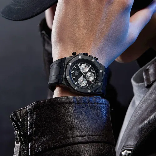 Vista 4 de Men's Watch Silicone Band, Quartz Analog Waterproof Multifunction Chronograph Sports Watch for Men with Calendar Black Rubber Strap