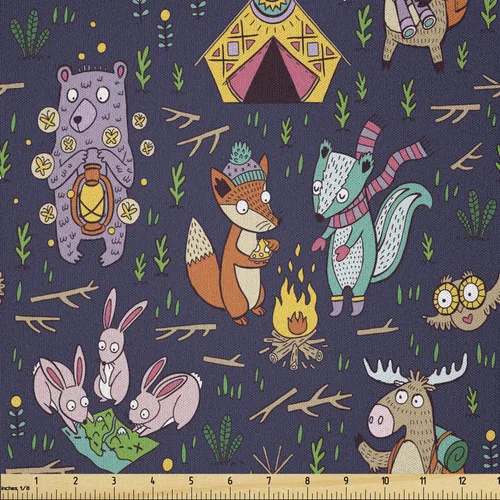 Vista 57 de Ambesonne Tela para Amantes de los Perros por Yarda, Perro Salchicha de Dibujos Animados Dachshund Cachorro con Pijamas a Rayas Flores y Mariposas