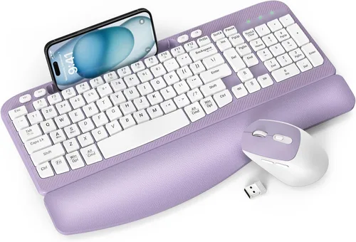 Vista 10 de Juego de teclado y mouse inalámbrico, teclas de onda de tamaño completo, teclado ergonómico con reposa muñecas acolchado, soporte para teléfono
