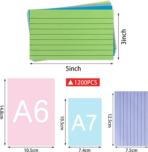 Vista 3 de TFLFL Tarjetas de Papel de Índice de 3 x 5 pulgadas, 1200PCS Tarjetas Flash, Tarjetas de Papel de Notas Delgadas de 8 Colores Rayadas, Tarjetas