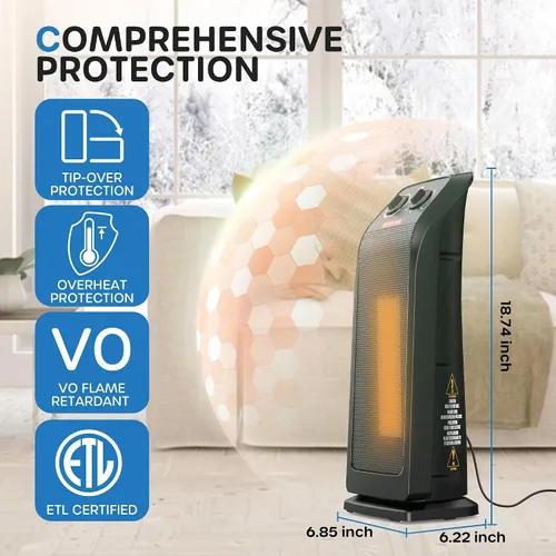 Vista 3 de ECOWELL Calentador de Espacio para Uso en Interiores, Calentador Eléctrico de Cerámica de Calentamiento Rápido de 1500W con Termostato, Calentador