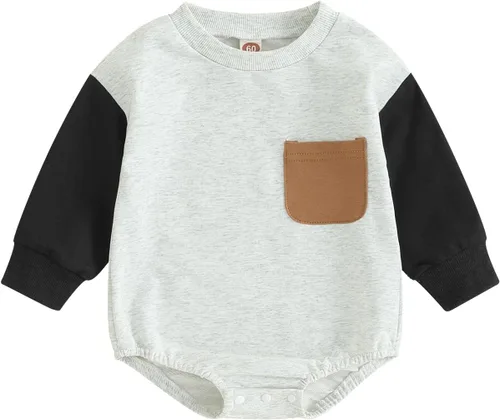Vista 69 de Mameluco de manga larga con bloques de color para bebé, niño, niña, con bolsillo, cuello redondo, sudadera básica para otoño e invierno