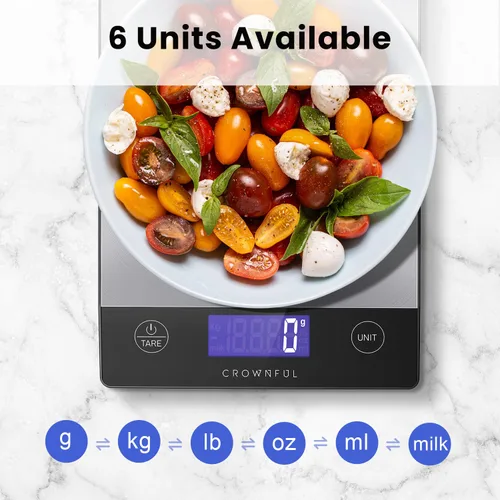 Vista 4 de CROWNFUL Báscula de alimentos, 33 libras, recargable, de acero inoxidable 304, báscula digital de cocina, gramos, onzas y onzas, con pantalla LCD