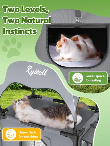 Vista 4 de Rywell Casa elevada para gatos al aire libre de 2 niveles con toldo, plataforma elevada de varios niveles, casa exterior para gatos con malla
