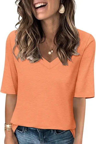 Vista 11 de Minetom Camisetas de verano básicas de media manga con cuello en V para mujer