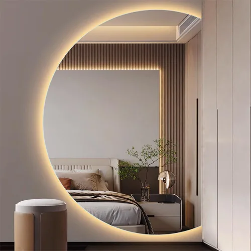 Vista 9 de Espejo de baño semicírculo, retroiluminado, espejo de tocador LED de 3 colores, luz de media luna, entrada de longitud completa, espejo de pared