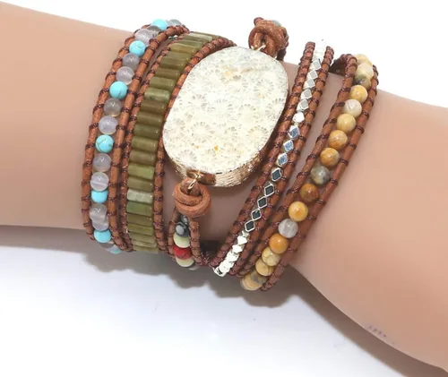 Vista 16 de ZOSOJONA - Pulseras bohemias hechas a mano de piedra natural, que dan vuelta, con cuentas de cristal de turquesa