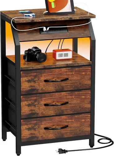 Vista 14 de SZLHANJZ Mesa auxiliar con luz, mesita de noche LED con 2 cajones y estación de carga tipo C, mesita de noche de tela pequeña para mesita de noche