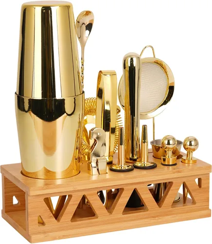 Vista 8 de Juego de coctelera para barman con soporte giratorio de bambú, juego de 11 piezas de accesorios de bar de acero inoxidable para mezclar bebidas