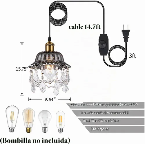 Vista 3 de Candelabro de cristal enchufable, estilo vintage, mini lámpara colgante de cristal con enchufe, cable de 14.7 pies de largo con interruptor