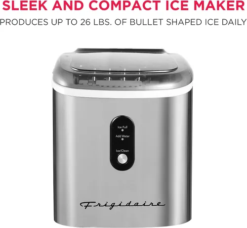 Vista 2 de Frigidaire Máquina para hacer hielo de acero inoxidable, resistente, hace 26 libras de hielo transparente por día, panel de control LED digital
