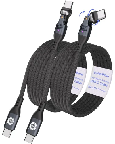 Vista 13 de Cable USB C a C de 3.3 ft, negro, rotación 540, 240 W, PD, carga rápida, transferencia de datos de 480 Mbps, cable de carga tipo C con chip