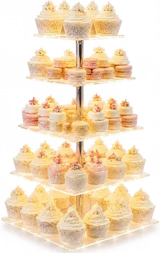 Vista 11 de Soporte para Cupcakes, Soporte Redondo para Cupcakes de 4 Niveles con Tira de Luces LED, Torre de Exhibición de Cupcakes de Acrílico para Bodas Azul