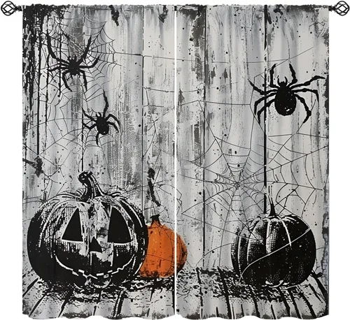 Vista 23 de Cortinas de Halloween con diseño de bosque gótico rojo, cruz gótica, Halloween, festividades, festival, tratamiento de ventana para sala de estar