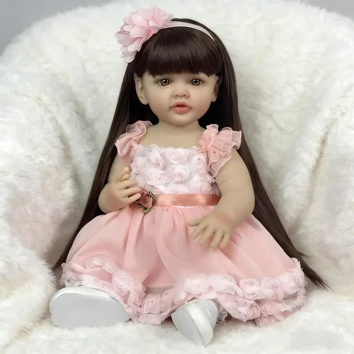 Vista 8 de iCradle Lovely Reborn Baby Dolls Girl de 22 pulgadas 21.7 in de cuerpo completo de vinilo suave realista muñecas recién nacidas de pelo largo
