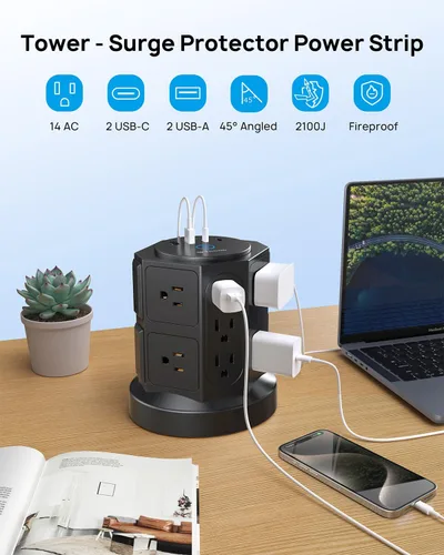 Vista 2 de TROND Tira de alimentación con protector de sobretensiones de torre y USB, 14 tomas ampliamente espaciadas, 2 USB C y 2 USB-A, protección contra