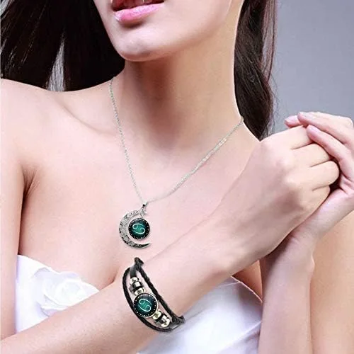Vista 2 de HUASAI Juego de 12 pulseras de cuero tejidas a mano y colgante de luna collar de signo del zodiaco cuero aleación otro