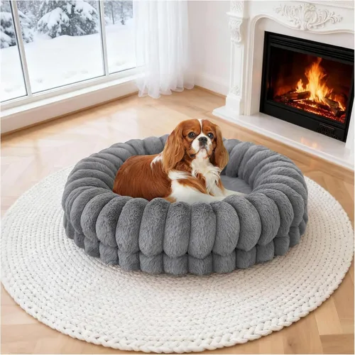 Vista 9 de BALANCE Cama de lujo para perros en forma de dona, camas redondas de 24 pulgadas para perros pequeños, lavable, cama ortopédica calmante para Gris