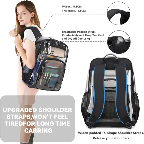 Vista 11 de Mochila transparente TPU resistente, mochila escolar aprobada por estadios, control de seguridad rápida transparente, Negro-semitransparente