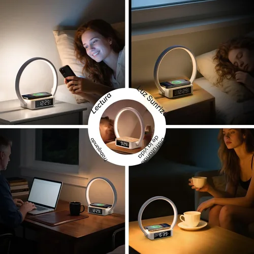 Vista 8 de WILIT Lámpara de mesita de noche con reloj despertador, lámpara táctil con cargador inalámbrico, luz nocturna para dormitorio, luz de despertar