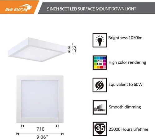 Vista 2 de Lámpara de techo cuadrada LED de 9 pulgadas, equivalente a 60 W, 2700 K/3000 K/3500 K/4000 K/5000 K CCT seleccionable, CRI 90+, luz de panel LED