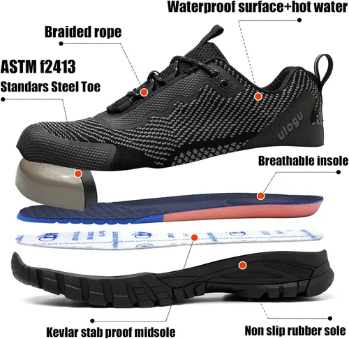 Vista 7 de ulogu Waterproof Steel Toe Shoes for Men Women Comfy Lightweight Slip Resistant Work Safety Sneakers 6-Month Warranty
