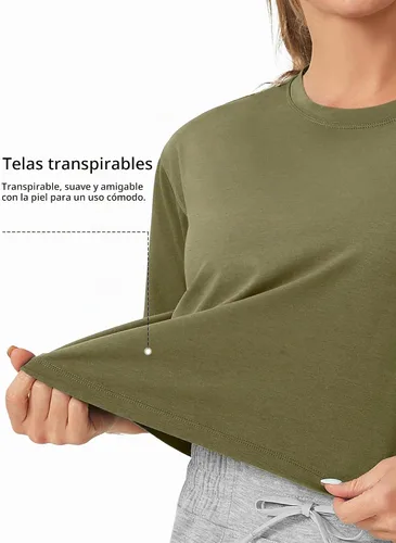 Vista 5 de THE GYM PEOPLE - Camiseta de entrenamiento para mujer, manga corta, básica, recortada, deportiva, de yoga, para correr, estilo boxy Verde militar