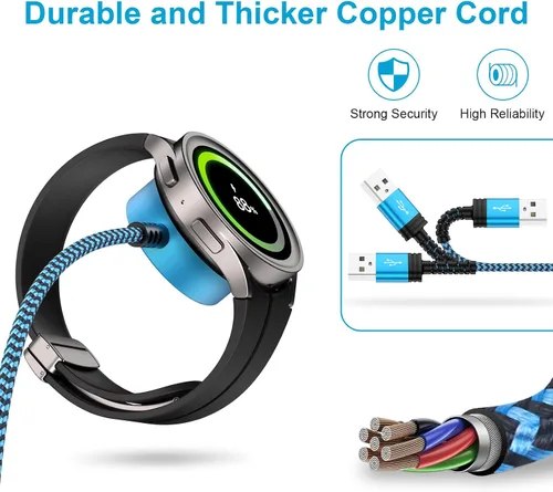 Vista 5 de Cargador de reloj Samsung para Galaxy Watch8 Classic/7/6 Cable de carga USB magnético inalámbrico cable de carga de 3 pies con adaptador QC para Azul