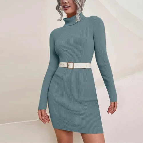Vista 2 de Vestido de suéter para mujer, cuello redondo, manga larga de farol, tejido grueso, con cinturón, a la moda, vestido largo