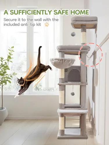 Vista 5 de Taoqimiao MS042W - Árbol para gatos, torre grande para gatos de 66 pulgadas con postes rascadores, lujosa plataforma grande para gatos grandes