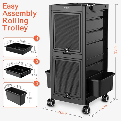 Vista 2 de TASALON Carrito de salón con cerradura de alta calidad con ruedas y 6 cajones y 2 cubos, carrito versátil para peluquería, tatuaje, peluquero