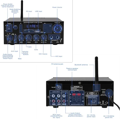 Vista 4 de Amplificador de audio 800W, 2 canales, Bluetooth 5.0