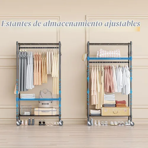 Vista 5 de Homdox Estante para ropa resistente con 3 estantes ajustables de alambre, estantes para ropa para colgar, estante de ropa de doble barra, armario