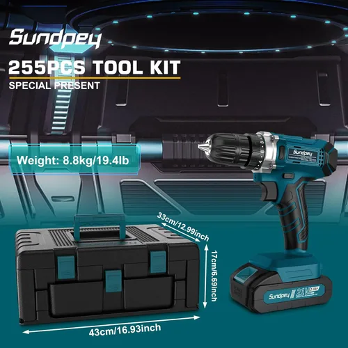 Vista 3 de Sundpey 255-PC Portable Home and Auto Tool Kit Set with 21V Cordless Drill