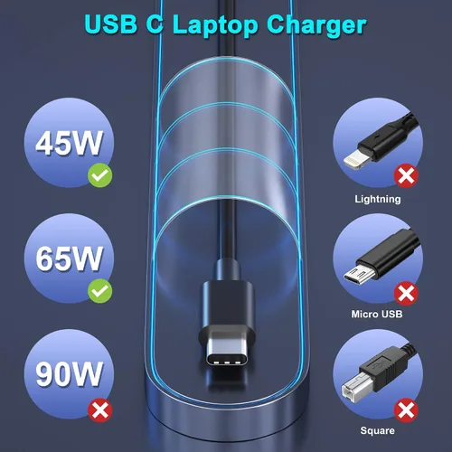 Vista 3 de Lenovo - Cargador para laptop, adaptador de CA de 65 W y 45 W, fuente de alimentación USB C, cable de alimentación para Lenovo Ideapad Thinkpad