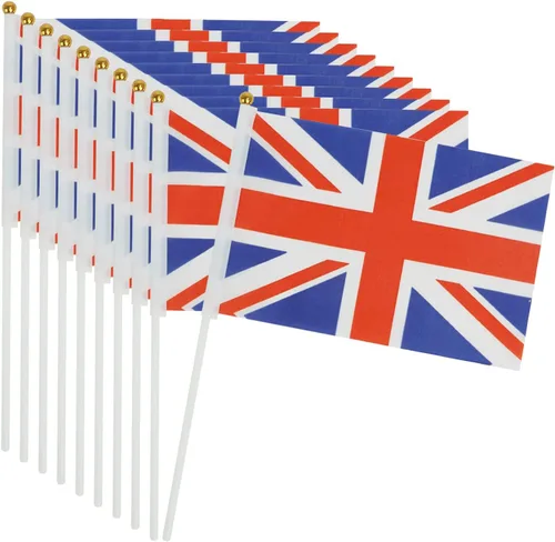 Vista 11 de Bandera de lona de 12 pies de largo con 12 banderas triangulares, banderines británicos, decoración de fiesta, bandera patriótica británica